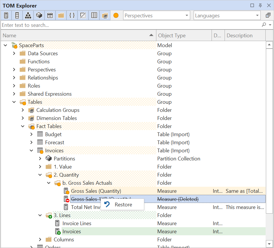 Deleted objects in the TOM Explorer