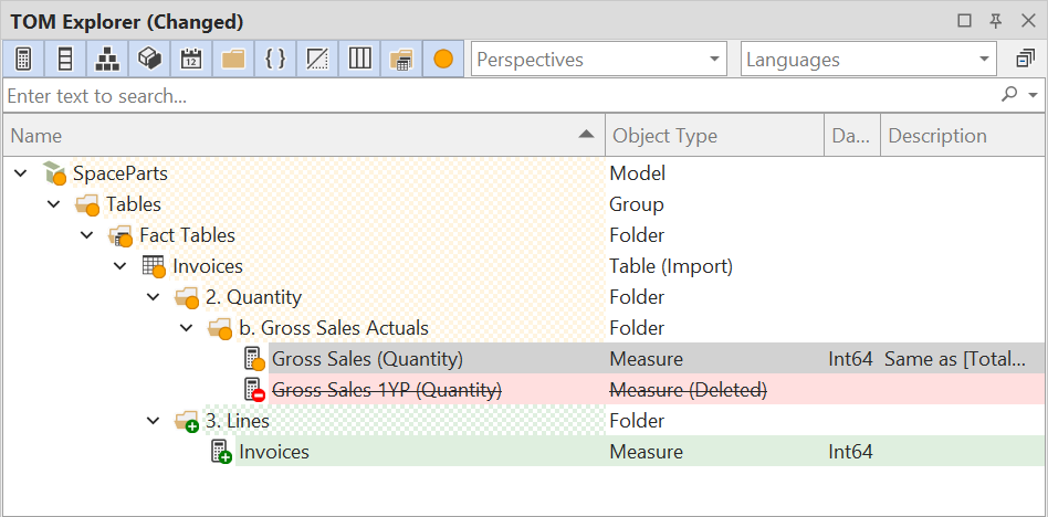 Show changes filter in the TOM Explorer